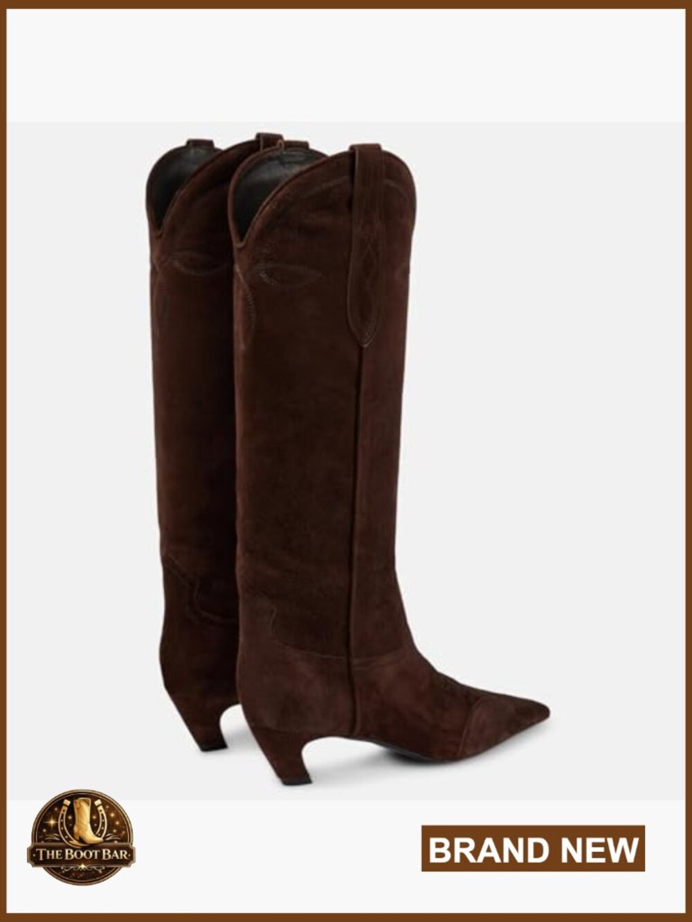 Suede Cowboy Knee High Boots Pointed Toe Kitten Heel Pull On Wide Calf - Picture 4 of 6